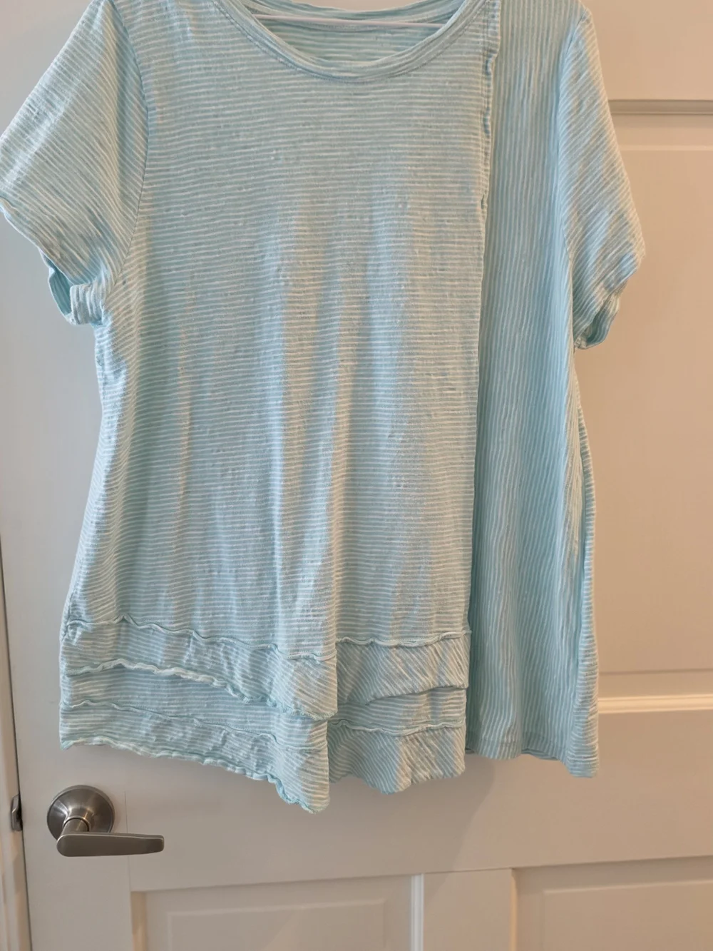 Soft Surroundings Pale Blue Striped Short Sleeve Top - Picture 1 of 4